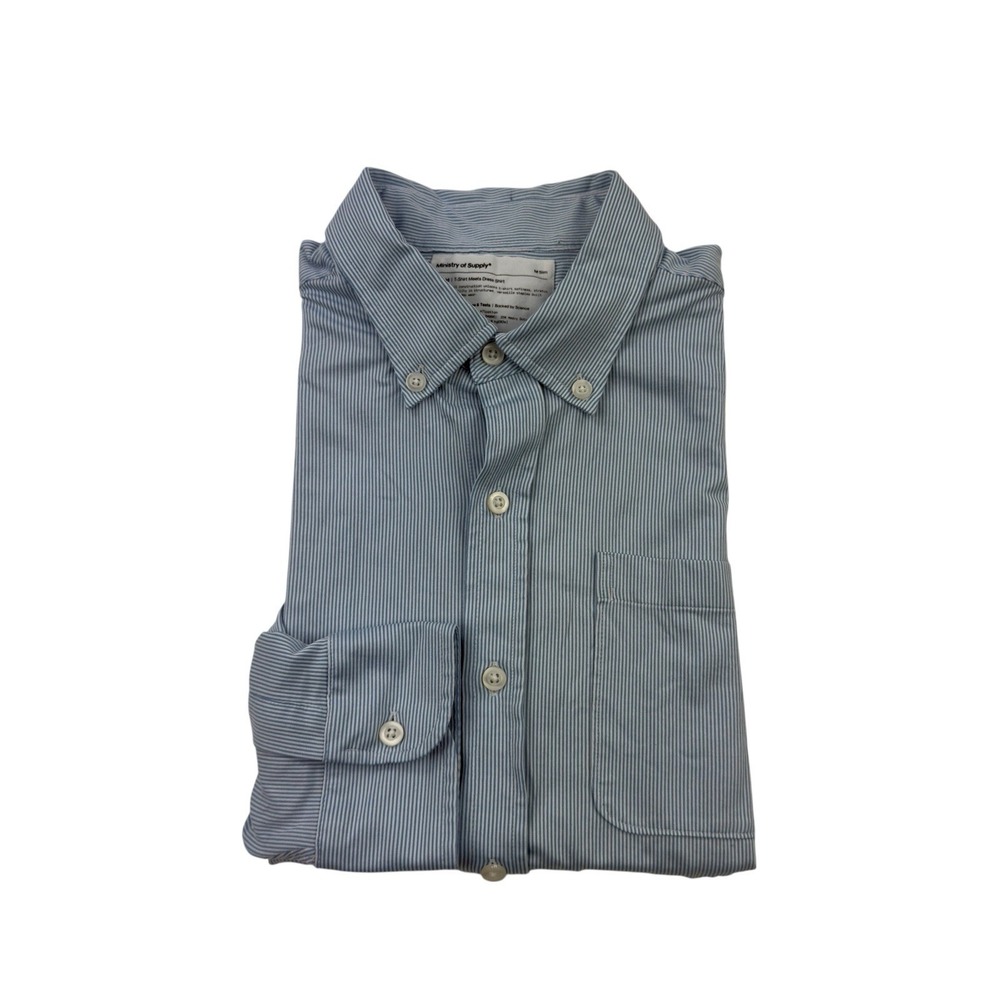 Ministry of Supply Blue White Stripe Hybrid Dress‎ Shirt Men's Medium Slim